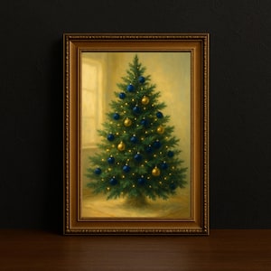 May include: A framed painting of a Christmas tree decorated with blue and gold ornaments and small lights. The tree is centered in the frame, set against a soft, warm-toned background. The frame is a warm gold color.