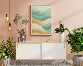 Tela incorniciata "Onda costiera" / Arte astratta verde salvia e oro