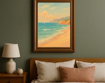 Stampa costiera Golden Shoreline / Arte impressionista del paesaggio costiero / Decorazione nautica su tela incorniciata