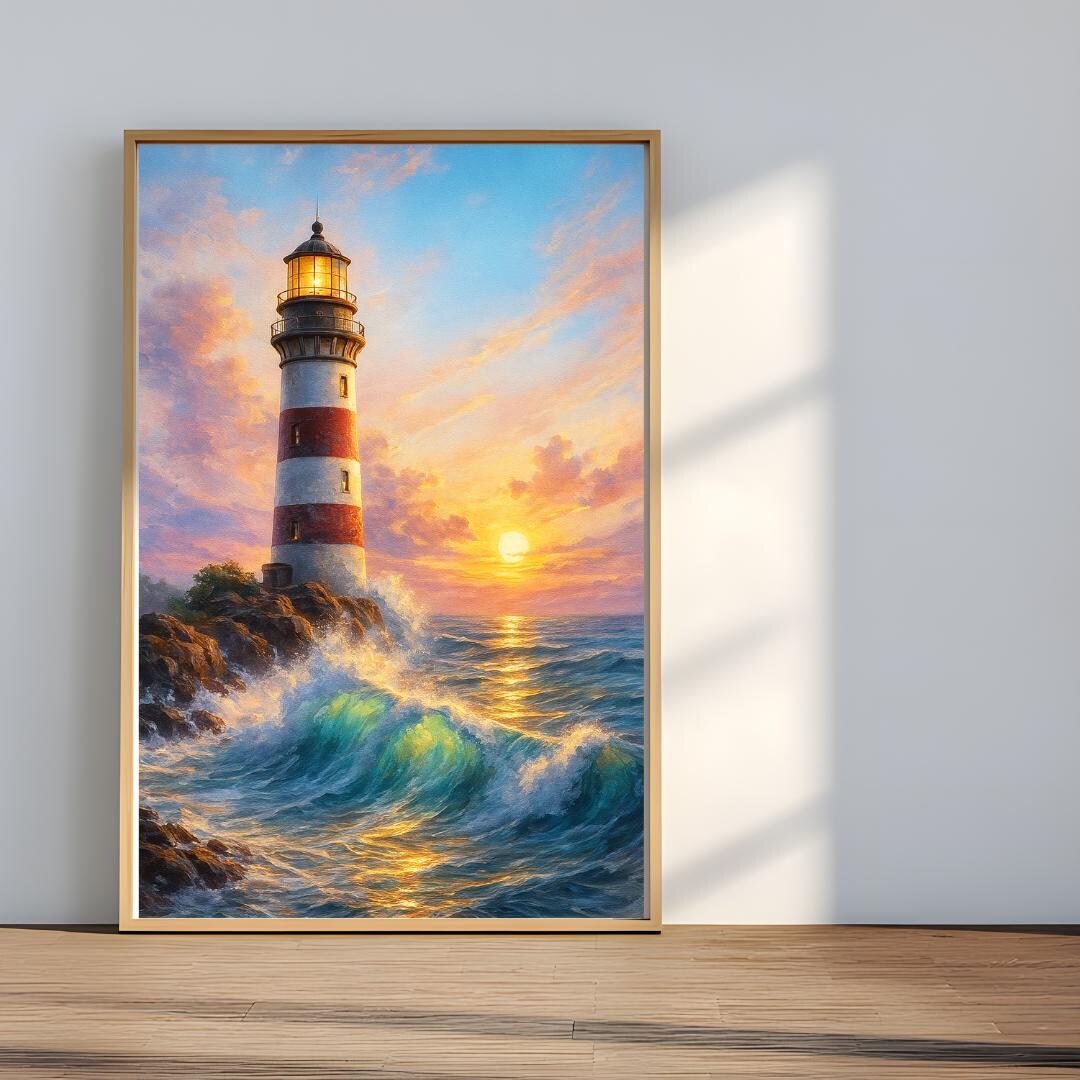 Lighthouse Framed Canvas | Dramatic Sunset & Ocean Wave Art | Nautical ...