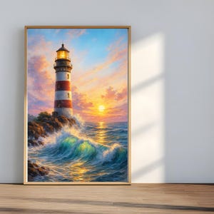 Inramad canvastavla med fyr | Dramatisk solnedgång och havsvågskonst | Nautisk kustdekor | Digital nedladdning