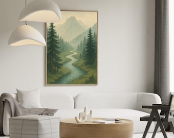 Stampa Misty Forest River, grande dipinto ad acquerello originale, arte murale nordica