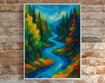 Stampa artistica di fiume nella foresta, poster di paesaggio autunnale, decorazione murale moderna e colorata in stile espressionista