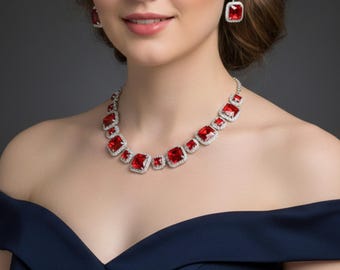 Ruby Red Crystal Jewelry Set, Square Halo Necklace Earrings