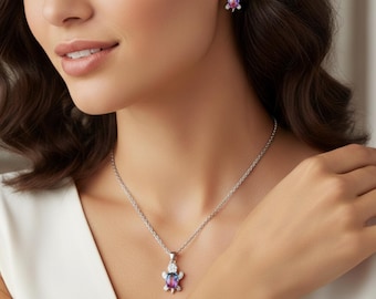 Silver Turtle Jewelry Set, Gemstone Necklace and Earrings