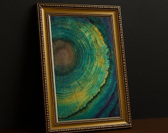 Stampa su fetta di legno color verde acqua e oro, arte moderna rustica con cornice