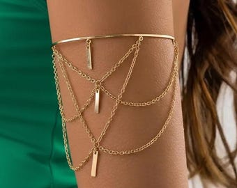 Gold Draped Chain Arm Cuff, Boho Upper Arm Band