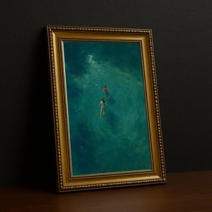 Deep Teal Ocean Painting | Swimmers Print, Modern Wall Decor