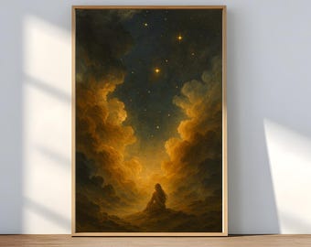 Stampa artistica con cielo notturno fantasy, nuvole dorate, decorazione Dark Academia