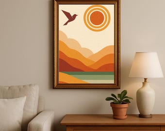 Mid-Century Modern Landscape Print | Bird & Sun Wall Art