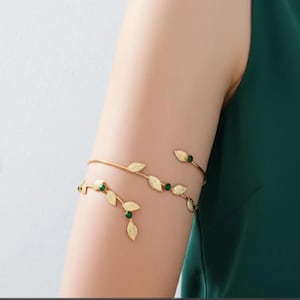 Gold Leaf Upper Arm Cuff | Green Gemstone Bohemian Armlet