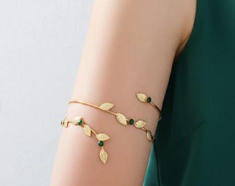 Gold Leaf Upper Arm Cuff | Green Gemstone Bohemian Armlet