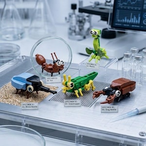 May include: Five small insect figures constructed from plastic building blocks, labeled as specimens. The collection includes a blue rhino beetle, a brown ant, a green grasshopper, a green mantis, and a brown stag beetle, each with large white eyes.