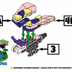 Puede incluir: Un diagrama de montaje de juguete de construcción que muestra un insecto hecho de bloques de plástico rosa, morado y amarillo. La imagen incluye las etiquetas 3, 4A, 4B, 5, 6, el logo Build-A-Bug Bugs4Fun y una advertencia de peligro de asfixia.