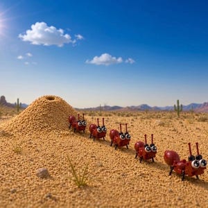 Può includere: Una fila di cinque piccole formiche giocattolo rosse con grandi occhi mobili bianchi che marciano attraverso un paesaggio desertico sabbioso verso un formicaio sotto un sole luminoso in un cielo azzurro con montagne e cactus sullo sfondo.