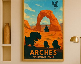 Arches National Park Pokémon Poster – Vintage Travel Style Print, Instant Digital Download, Minimalist AI Wall Art