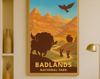 Badlands National Park Pokémon Poster – Vintage Travel Style Print, Instant Digital Download, Minimalist AI Wall Art