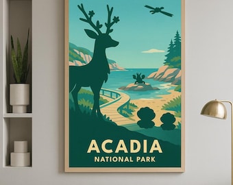 Acadia National Park Pokémon Poster – Vintage Travel Style Print, Instant Digital Download, Minimalist AI Wall Art