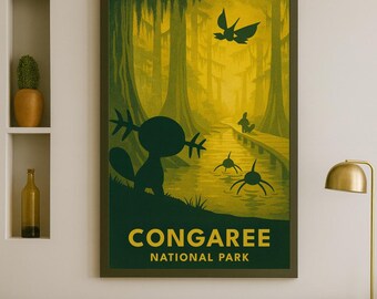 Congaree National Park Pokémon Poster – Vintage Travel Style Print, Instant Digital Download, Minimalist AI Wall Art