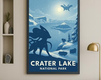 Crater Lake National Park Pokémon Poster – Vintage Travel Style Print, Instant Digital Download, Minimalist AI Wall Art