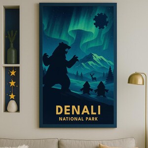 May include: Denali National Park poster featuring a silhouette of a bear against a backdrop of the Northern Lights. The poster includes the text "DENALI NATIONAL PARK" in gold lettering, with a dark blue frame.