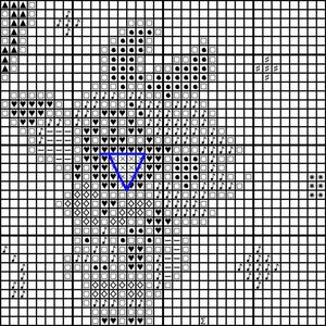 May include: A cross-stitch pattern with a grid of black and white squares, triangles, and musical notes. A blue triangle is centrally placed. The design is suitable for needlework and craft projects.