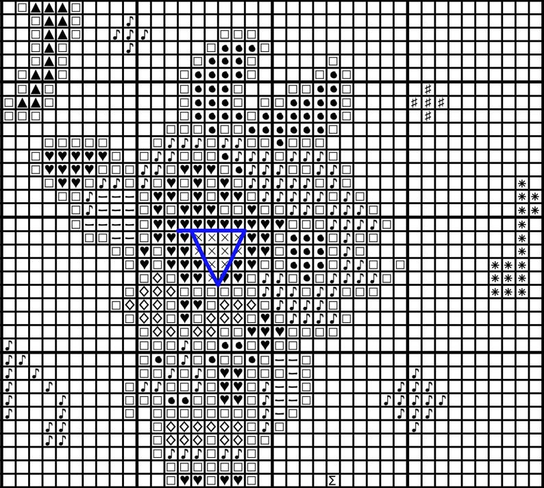 May include: A cross-stitch pattern with a grid of black and white squares, triangles, and musical notes. A blue triangle is centrally placed. The design is suitable for needlework and craft projects.