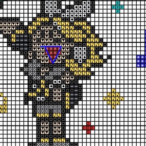 May include: A cross-stitch pattern depicting a figure with a black body, gold details, and a red and blue triangle. The design incorporates musical notes, hearts, and star-like shapes, set against a white grid background.