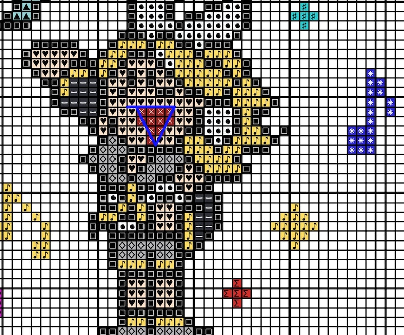 May include: A cross-stitch pattern depicting a figure with a black body, gold details, and a red and blue triangle. The design incorporates musical notes, hearts, and star-like shapes, set against a white grid background.