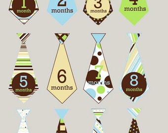 Chocolate ties - 035 - brown lime and blue monthly baby boy tie decals iron on or removable sticker photo prop