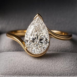 May include: A gold ring with a pear-shaped diamond. The diamond is set in a bezel setting and the band has a unique, flowing design. The ring is displayed in a gray velvet ring box.