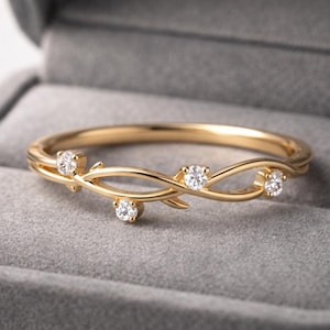 Alianza de boda de oro de 14 k con forma de vid, anillo apilable de plata de ley con delicados diamantes, anillo de compromiso minimalista, regalo de aniversario para ella.