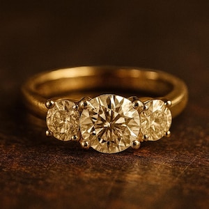 Förlovningsring med tre stenar i moissanit, rundslipad trilogiring i massivt guld, klassisk diamant med tre stenar, eleganta brudsmycken som present