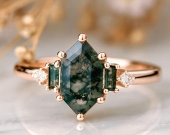 Luxus-Sechskant-Moosachat-Verlobungsring, 14K Roségold-Art-Deco-Brautring, einzigartiger Moosachat-Diamantring im Baguetteschliff, Jubiläumsgeschenk