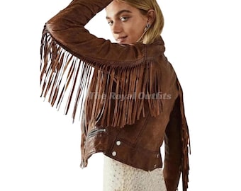 Womens Western Fringe Leather Jacket Lambskin Cowboy Style Cowgirl Rodeo Outfit Biker Boho Coat