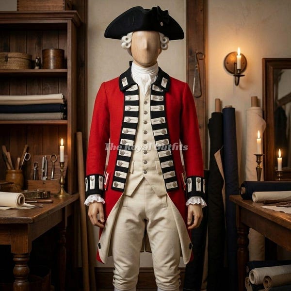 ハンドメイド 18世紀英国軍服 レッドコート 士官制服 独立戦争 ウールジャケット、植民地軍服、歴史再現コスチューム