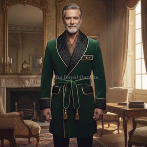 Luxury Green Velvet Smoking Jacket for Men, Quilted Black Satin Lapel Evening Robe Blazer, Vintage Inspired Lounge Coat