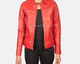 Women's Red Lambskin Leather Biker Jacket – Women's Slim Fit Moto Coat Winter Wear