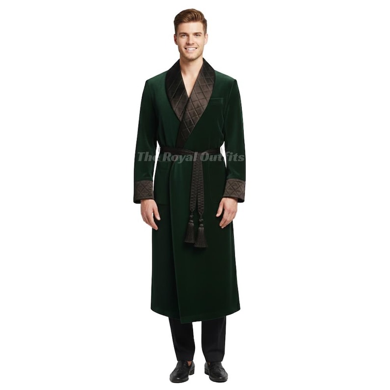 Luxury green velvet smoking coat evening robe featuring black quilted shawl lapels, inspired by Victorian gentleman lounge wear, showcasing long elegant silhouette with rich velvet texture and handcrafted tailoring.