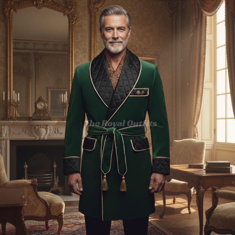 Close-up of black quilted satin lapels on green velvet smoking jacket for men, showing luxury texture and historical style.