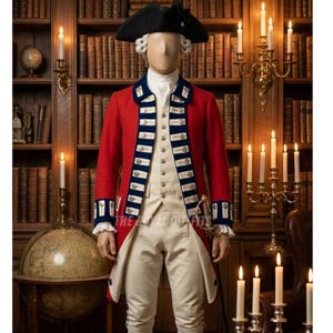 May include: A red military-style coat with navy blue trim and white buttons, paired with a cream-colored vest and breeches. The outfit includes a black tricorn hat and a white wig. The text "THE ROYAL OUTFITS" is visible on the sleeve.