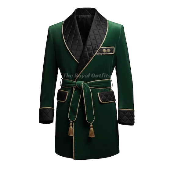 Luxury Green Velvet Smoking Jacket for Men, Quilted Black Satin Lapel Evening Robe Blazer, Vintage Inspired Smoking Coat