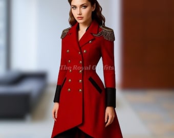 women's Handmade Red Regency Tailcoat | Victorian Women's Historical Costume