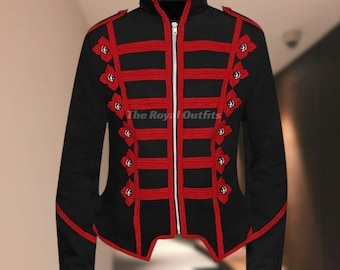 Black Red Gothic Steampunk Military Drummer Jacket Parade Band Uniform Vintage Braided Coat Men's Cosplay Stagewear