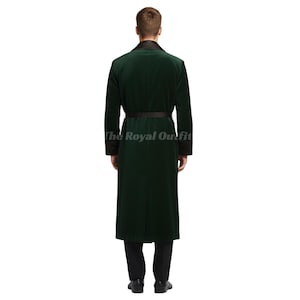 Victorian inspired green velvet smoking coat styled as gentleman evening lounge wear, perfect for formal evenings, vintage parties, theatre costumes, and historical fashion events.