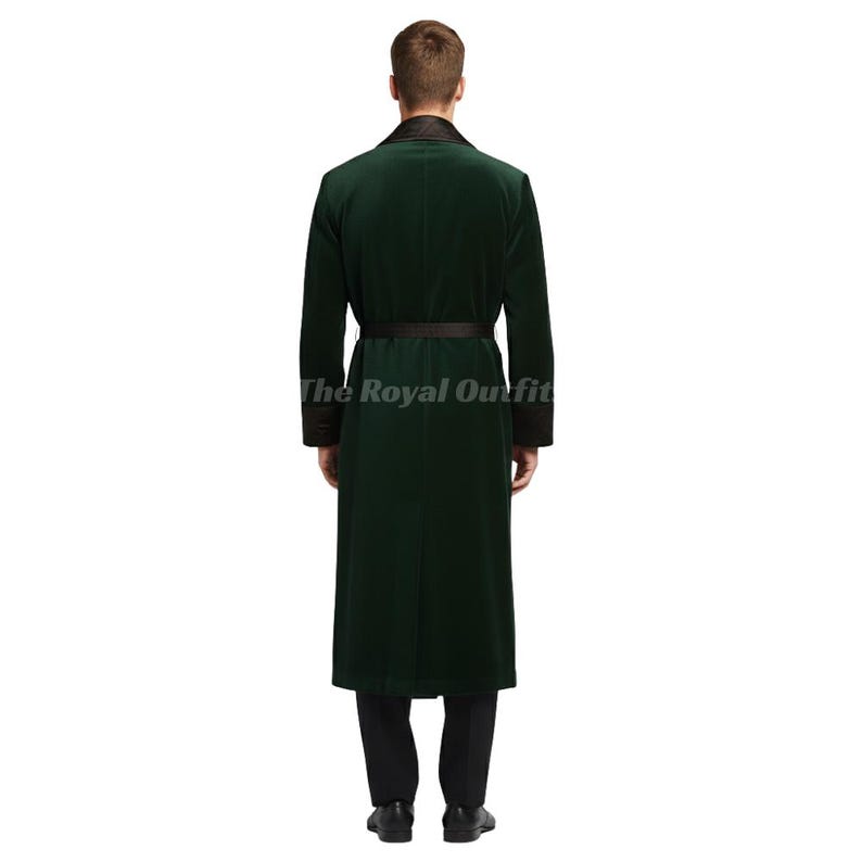 Victorian inspired green velvet smoking coat styled as gentleman evening lounge wear, perfect for formal evenings, vintage parties, theatre costumes, and historical fashion events.