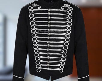 Black Napoleon Military Drummer Parade Jacket | Silver Lace Gothic Steampunk Uniform Coat | Custom Tailored Marching Band Jacket