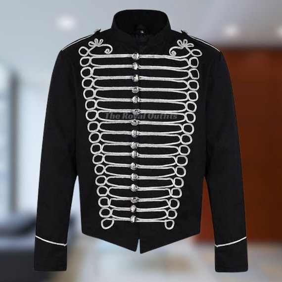 Black Napoleon Military Drummer Parade Jacket | Silver Lace Gothic