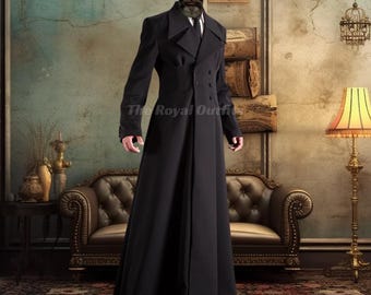Men's Black Handmade Gothic Wool Overcoat: Victorian Steampunk Trench