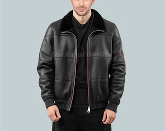 Men’s Black Sheepskin Bomber Jacket | Vintage Aviator with Fur Collar